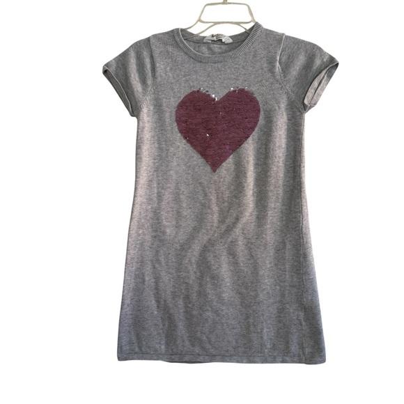 H&M Gray Sequins Heart Sweater Dress Knit Short Sleeve Girls 8-10 - Picture 1 of 5
